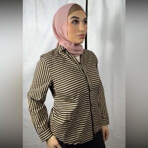 Chico's Wrinkle Resistant Brown Black Striped Button Front Shirt Top Size 1